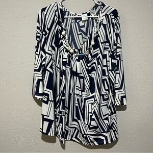 Emma James Woman Blouse 3X Boat Necklace Pearls Blue White 3/4 Sleeves Geometric